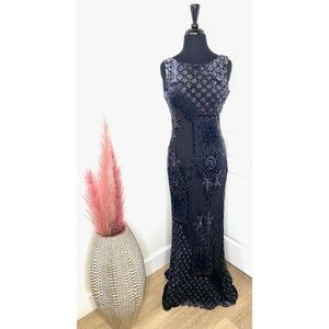 SUE WONG Nocturne Black Velvet Burnout Sequin Beaded Flapper Maxi Dress Gown 10